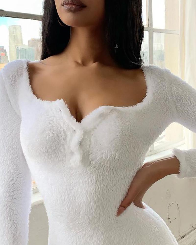 Fluffy Button Design Long Sleeve Romper - Image 3