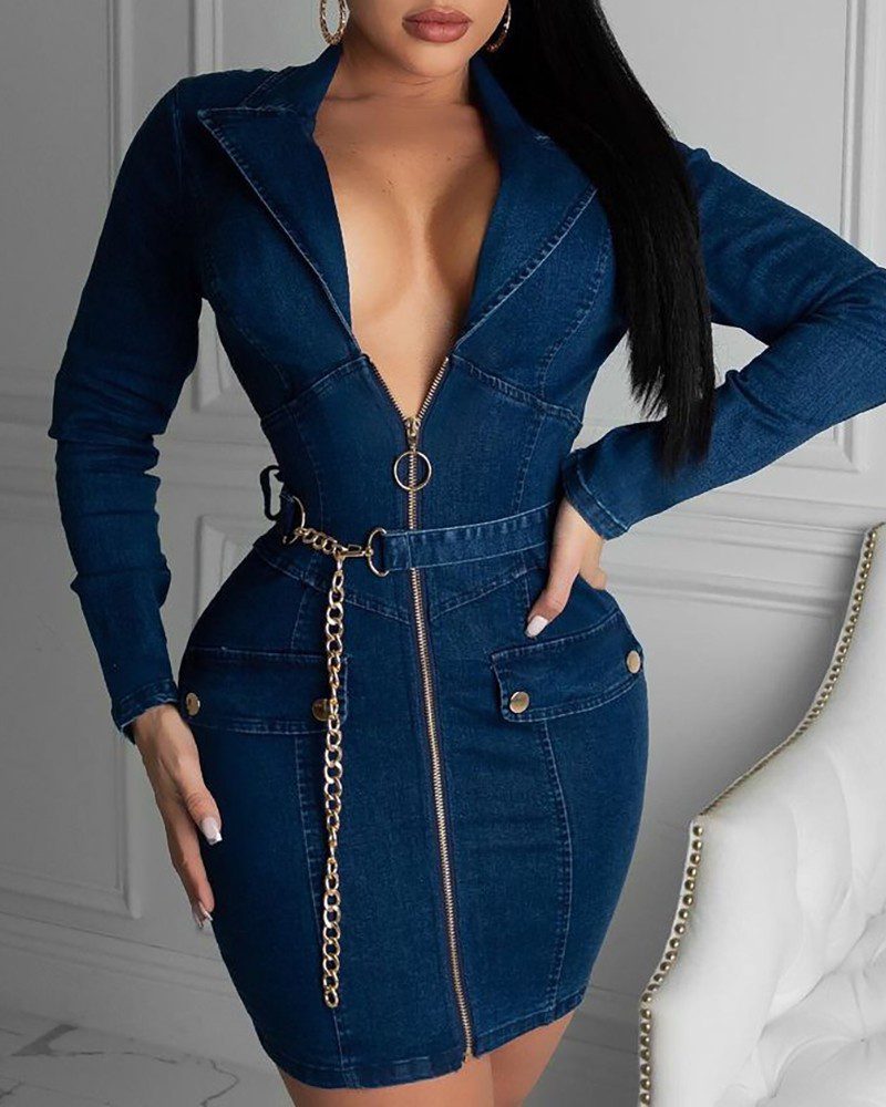Zipper Front Long Sleeve Denim Bodycon Dress