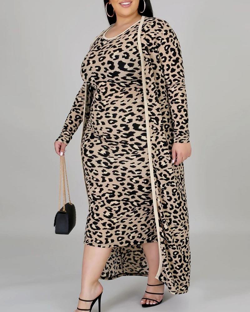 Plus Size Cheetah Print Casual Dress & Long Sleeve Cardigan Set - Image 5