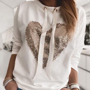 Sequins Heart Pattern Drawstring Sweatshirt