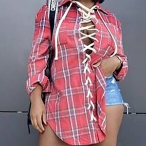 Plus Size Eyelet Lace-up Plaid Long Sleeve Shirt