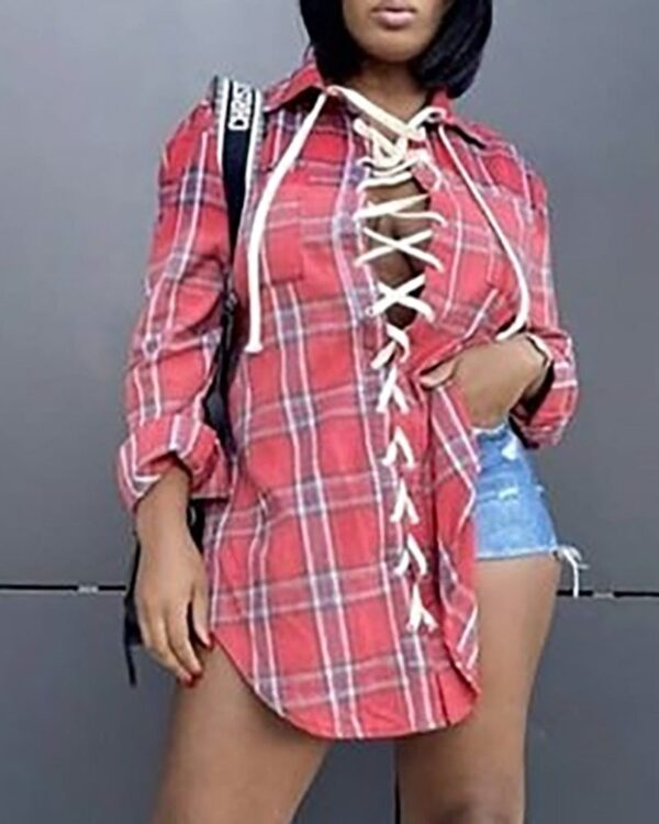 Plus Size Eyelet Lace-up Plaid Long Sleeve Shirt