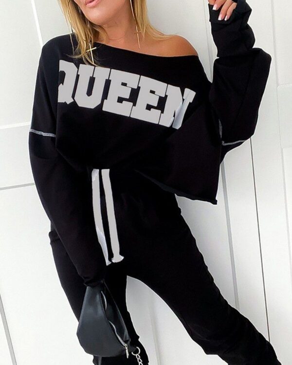 Letter Print Casual Top & High Waist Pants Set