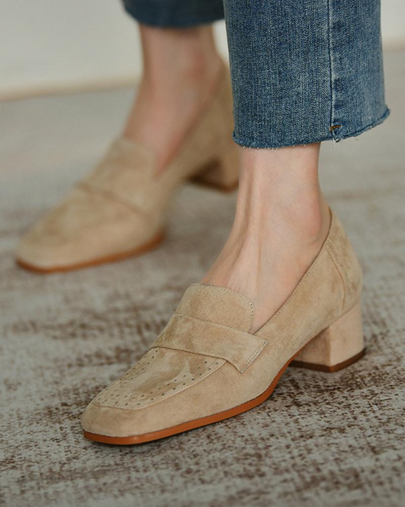 Square-toe Suede Leather One Straps Loafers - Image 3