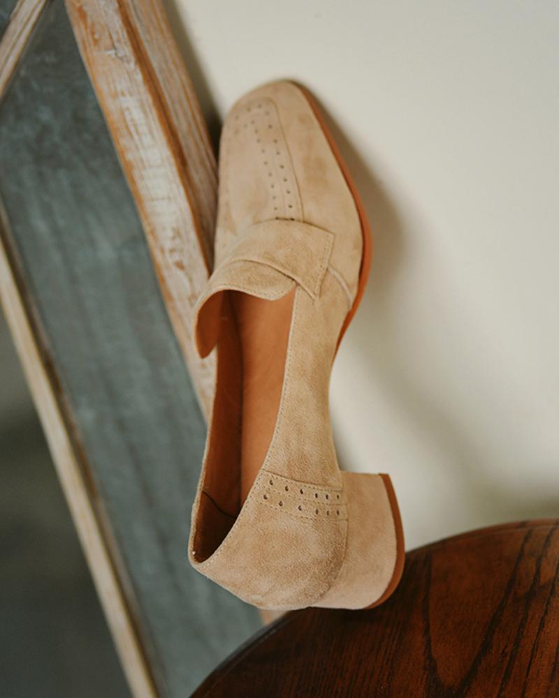 Square-toe Suede Leather One Straps Loafers - Image 2