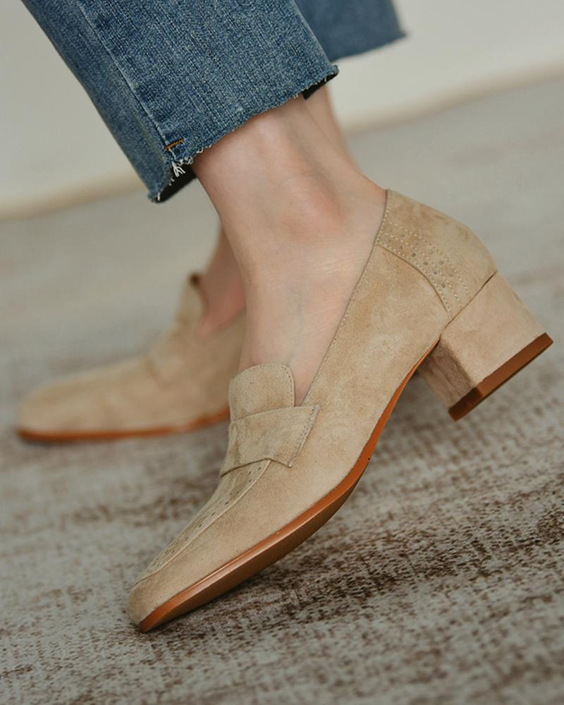 Square-toe Suede Leather One Straps Loafers