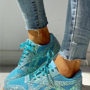 Solid Sequins Lace-Up Sport Sneakers