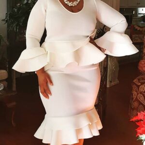 Plus Size Flared Sleeve Ruffles Hem Midi Dress