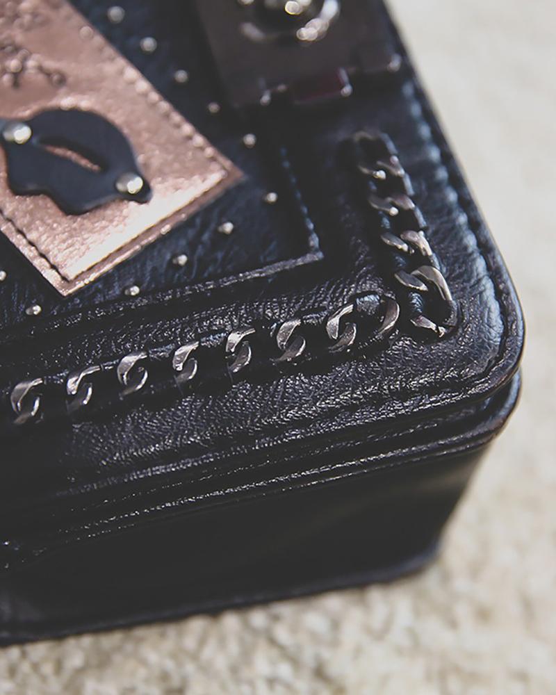 Graphic Pattern Chain Decor Satchel Bag - Image 3