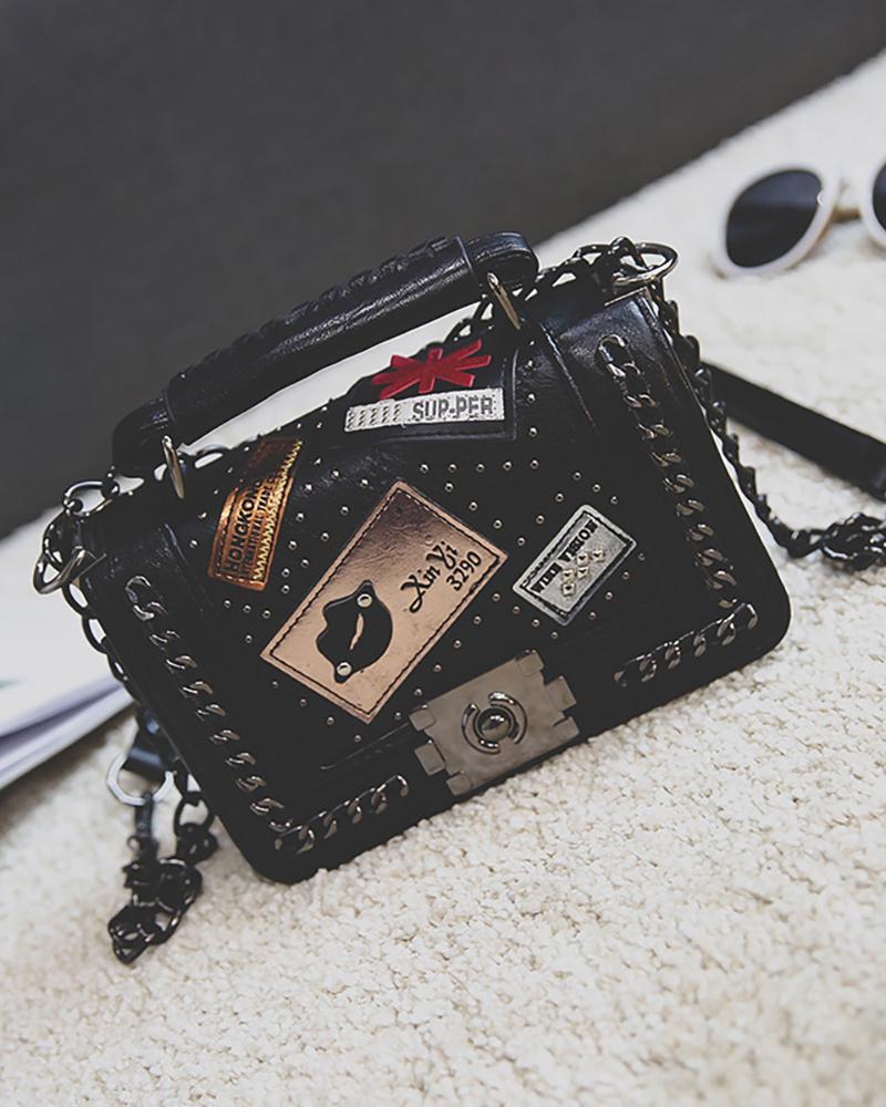 Graphic Pattern Chain Decor Satchel Bag