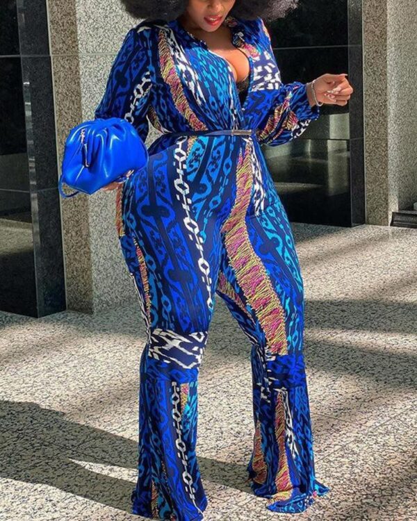 All Over Printing Lace-up Long Sleeve Jumpsuit - Image 4