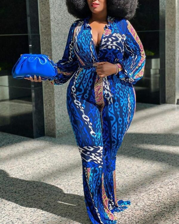 All Over Printing Lace-up Long Sleeve Jumpsuit