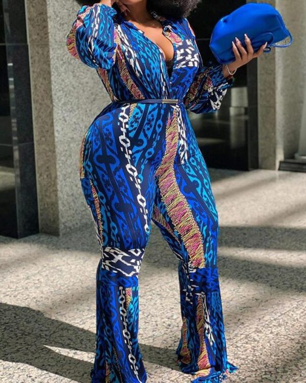 All Over Printing Lace-up Long Sleeve Jumpsuit - Image 3