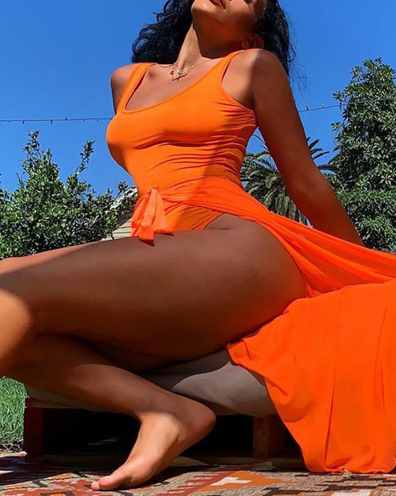 Solid One-Piece /w Tied Cover Up Swimsuit - Image 5