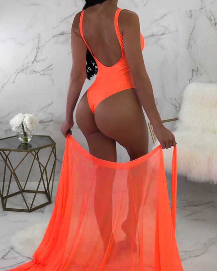 Solid One-Piece /w Tied Cover Up Swimsuit - Image 3