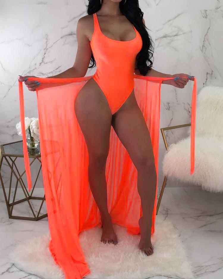 Solid One-Piece /w Tied Cover Up Swimsuit