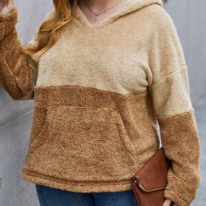 Plus Size Colorblock Pocket Design Teddy Hooded Coat