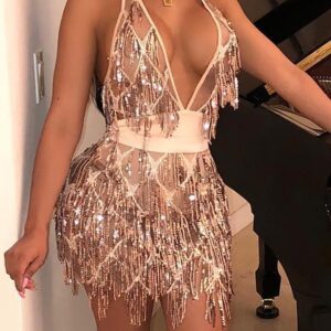 Plunge Crisscross Open Back Sequin Party Dress