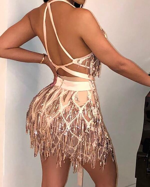 Plunge Crisscross Open Back Sequin Party Dress - Image 3