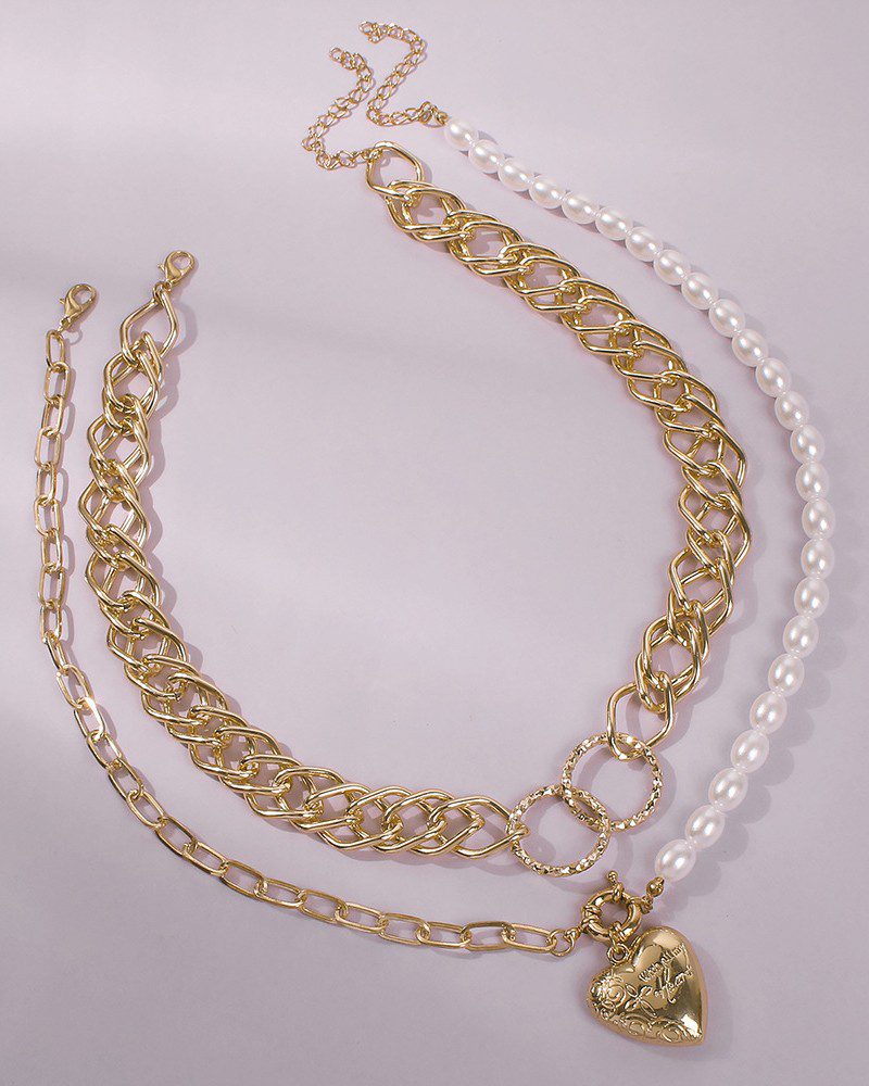 2PCS Chain & Heart Pattern Beaded Layered Necklace - Image 3