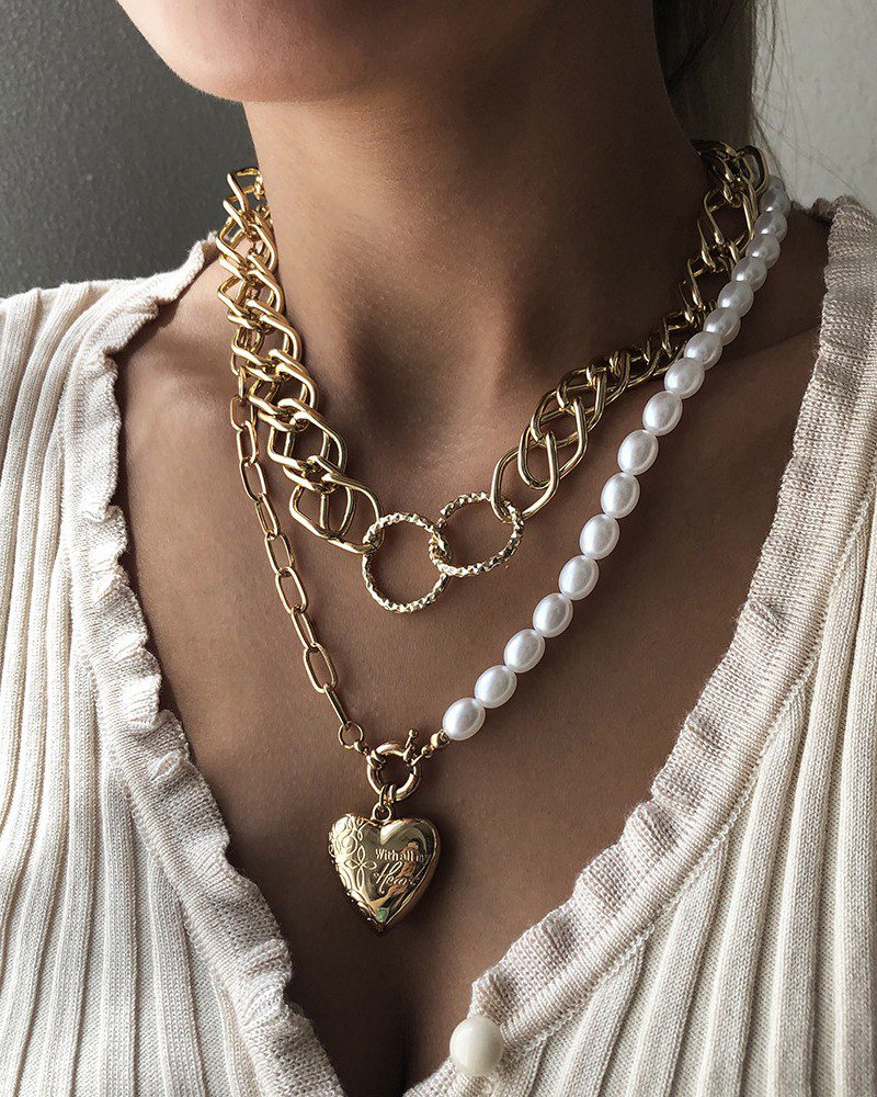 2PCS Chain & Heart Pattern Beaded Layered Necklace