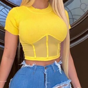 Ribbed Short Sleeve Mesh Corset Top