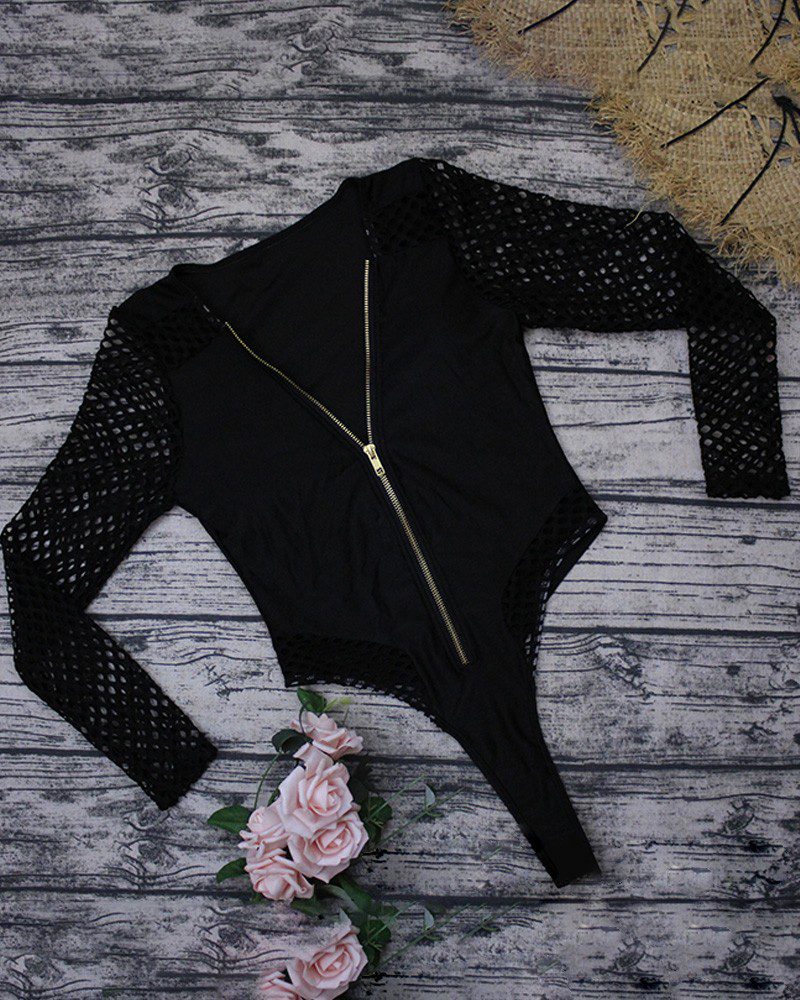 Fishnet Zip Front One Piece Swimsuit - Image 4