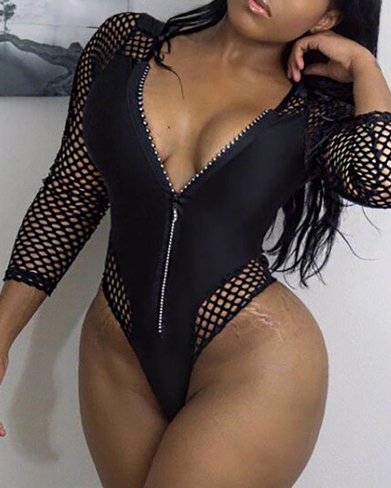 Fishnet Zip Front One Piece Swimsuit