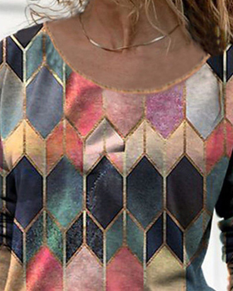 Round Neck Long Sleeve Abstract Print Top - Image 3