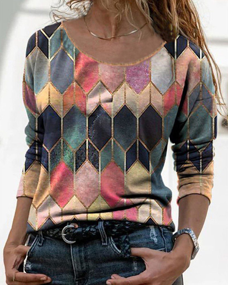 Round Neck Long Sleeve Abstract Print Top