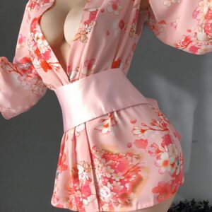 Kimono Floral Print Plunge Robe With Belt & Thong