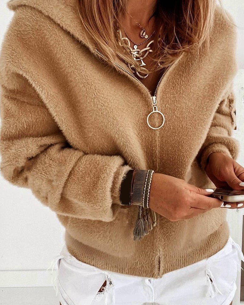 Fluffy Zipper Design Long Sleeve Hooded Coat - Image 4