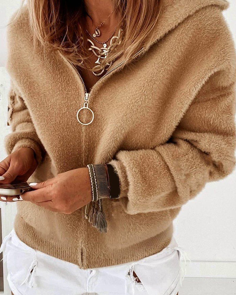 Fluffy Zipper Design Long Sleeve Hooded Coat