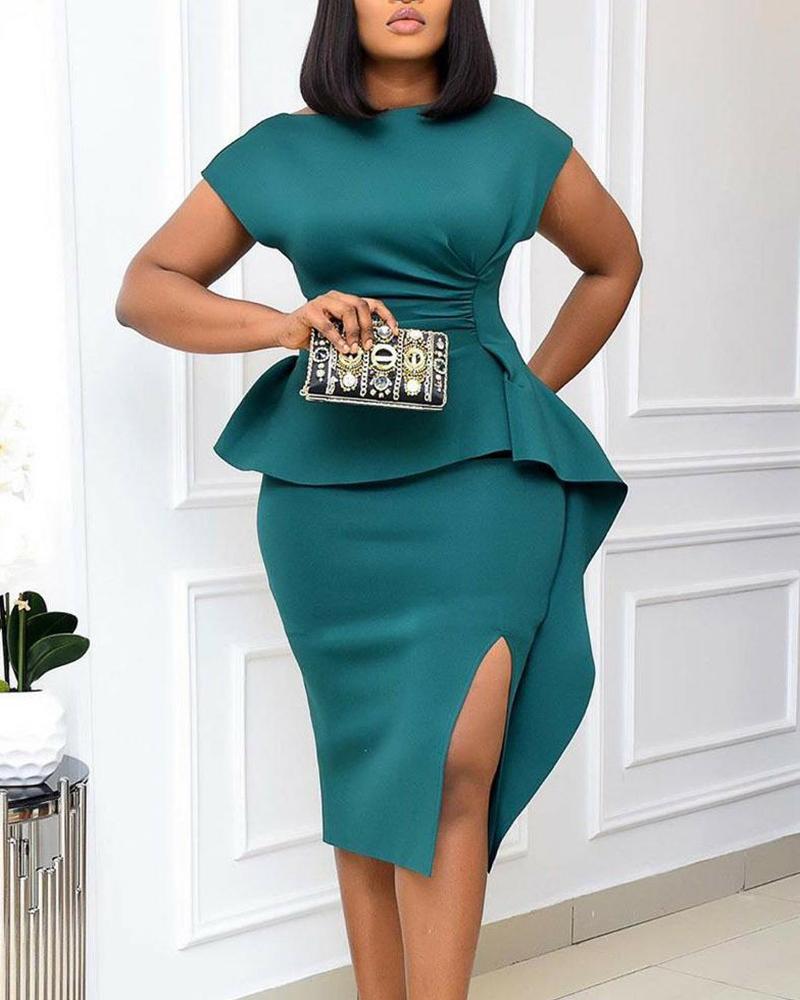 Solid Short Sleeve Skinny Ruffles Hem Slit Dress - Image 3