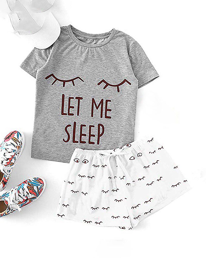 Print Short Sleeve Round Neck Pajamas Set