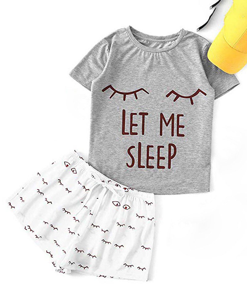 Print Short Sleeve Round Neck Pajamas Set - Image 4