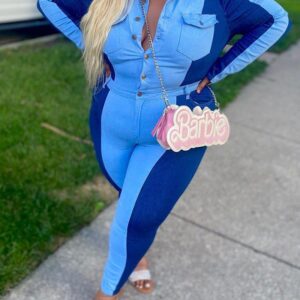 Plus Size Colorblock Button Design Top & High Waist Pants Set