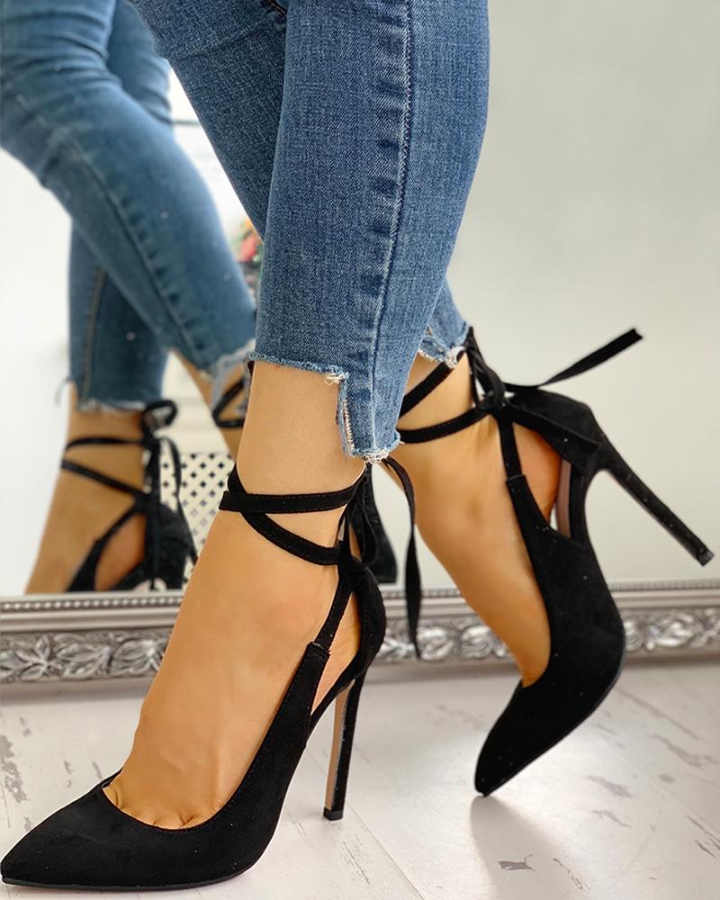 Pointed Toe Crisscross Bandage Thin Heels - Image 2