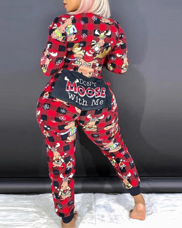 Christmas Cartoon Letter Print Plaid Jumpsuit - Image 3
