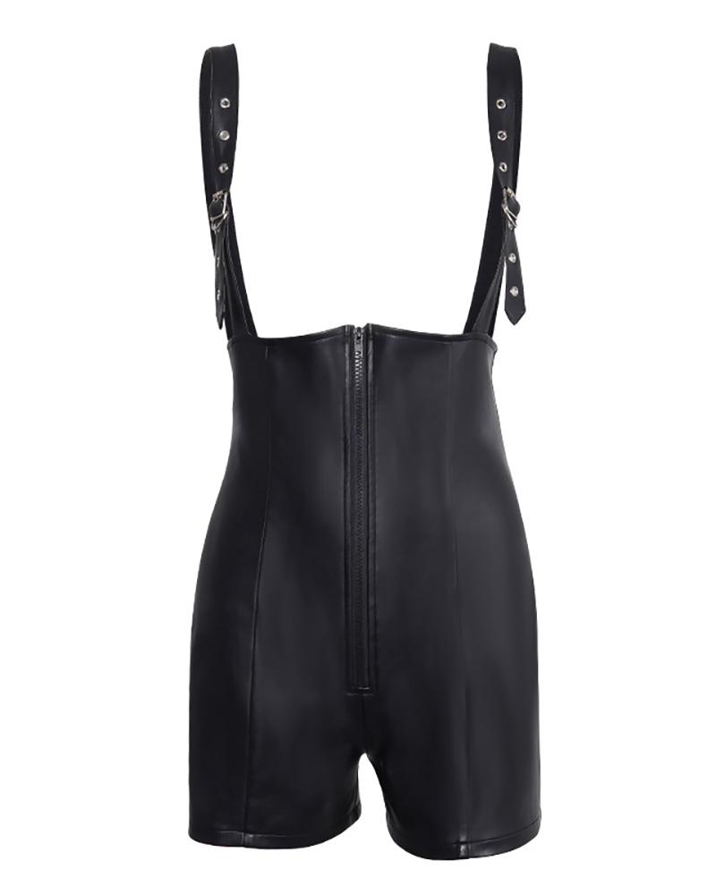 Eyelet Zipper Design Suspender Pu Leather Romper - Image 4