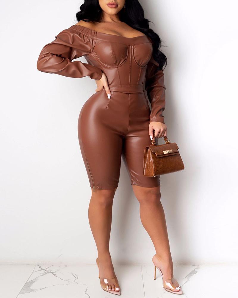 Off Shoulder Zipper Design PU Leather Romper - Image 4