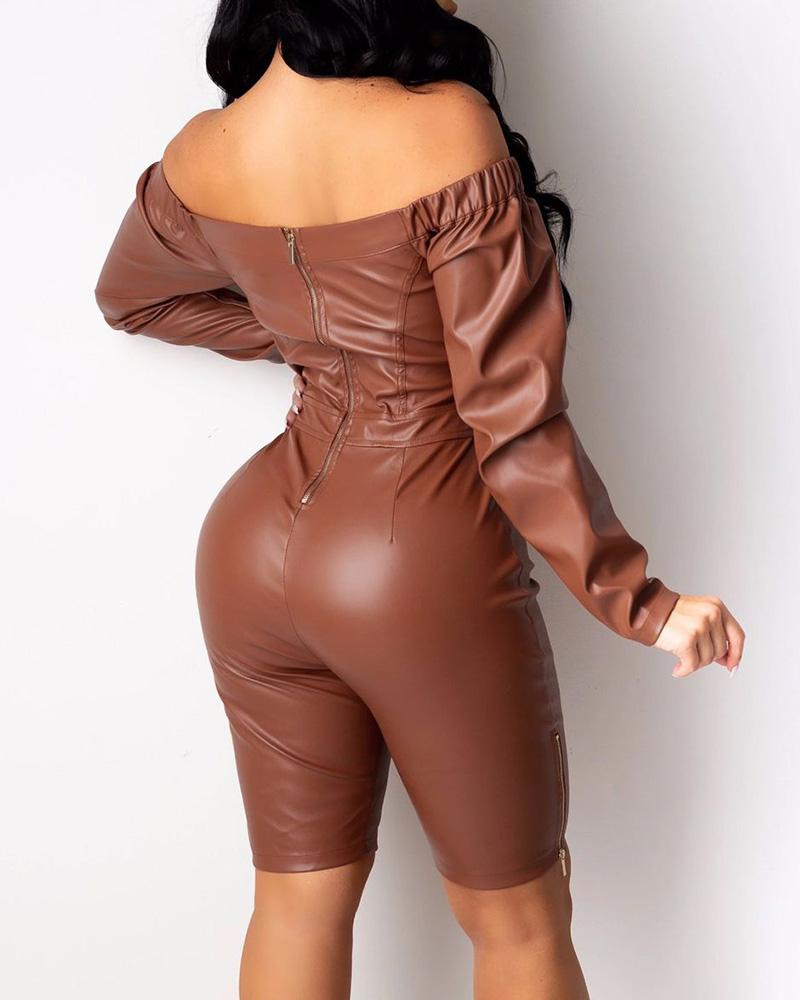 Off Shoulder Zipper Design PU Leather Romper - Image 3