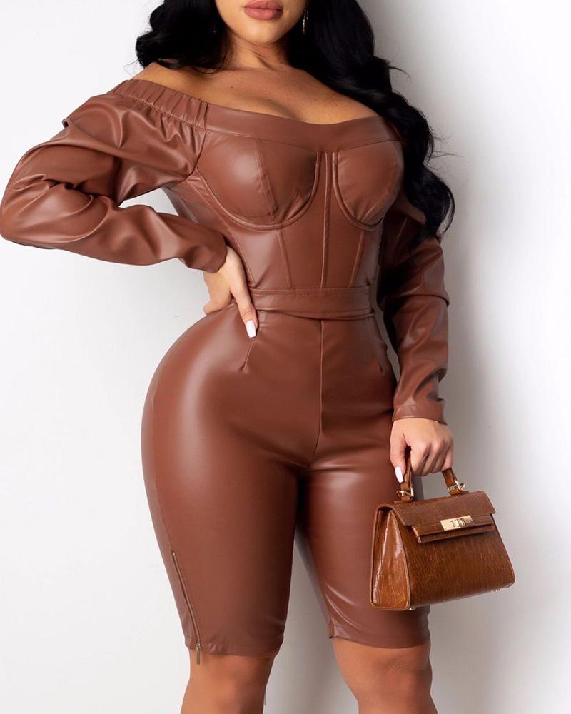 Off Shoulder Zipper Design PU Leather Romper