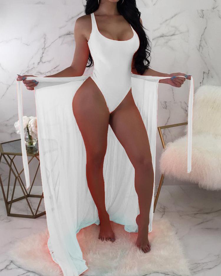 Solid One-Piece /w Tied Cover Up Swimsui