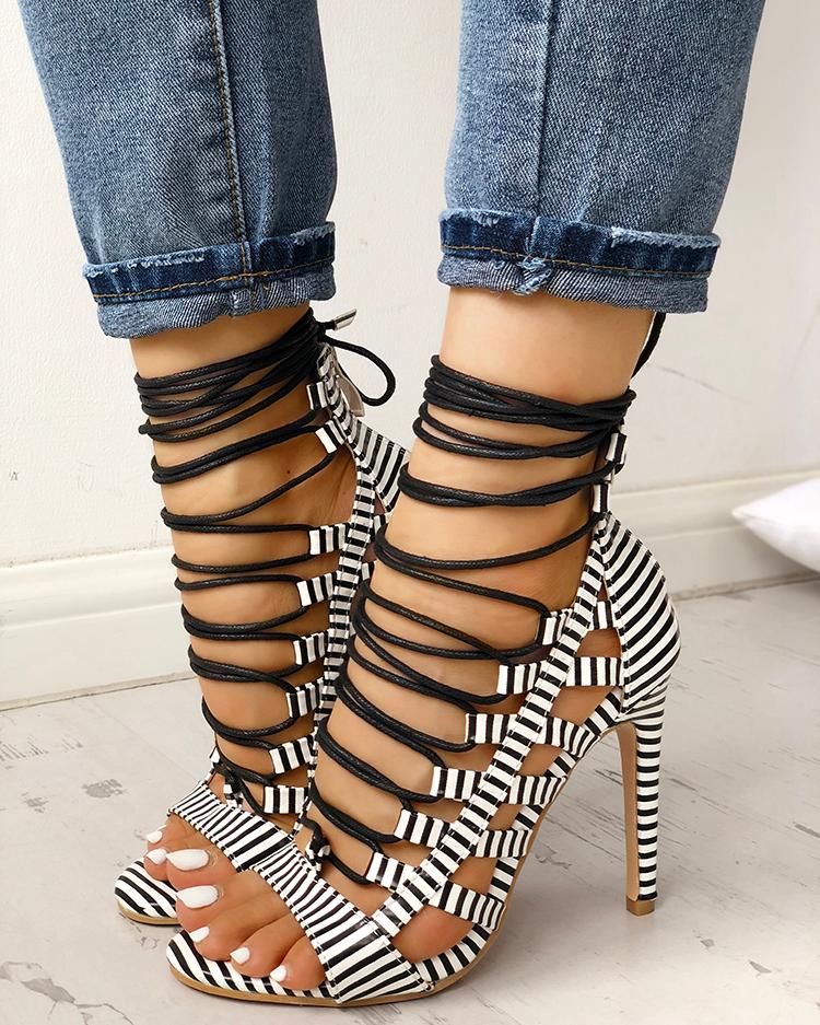 Open Toed Lace-Up Thin Heeled Sandals - Image 4
