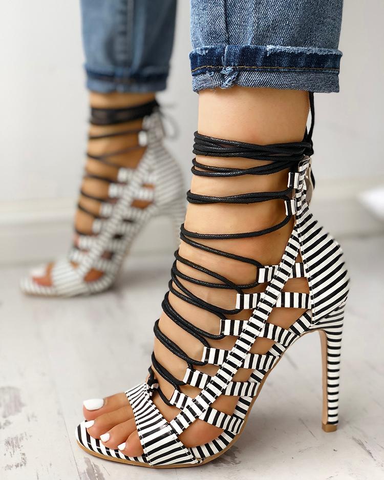 Open Toed Lace-Up Thin Heeled Sandals