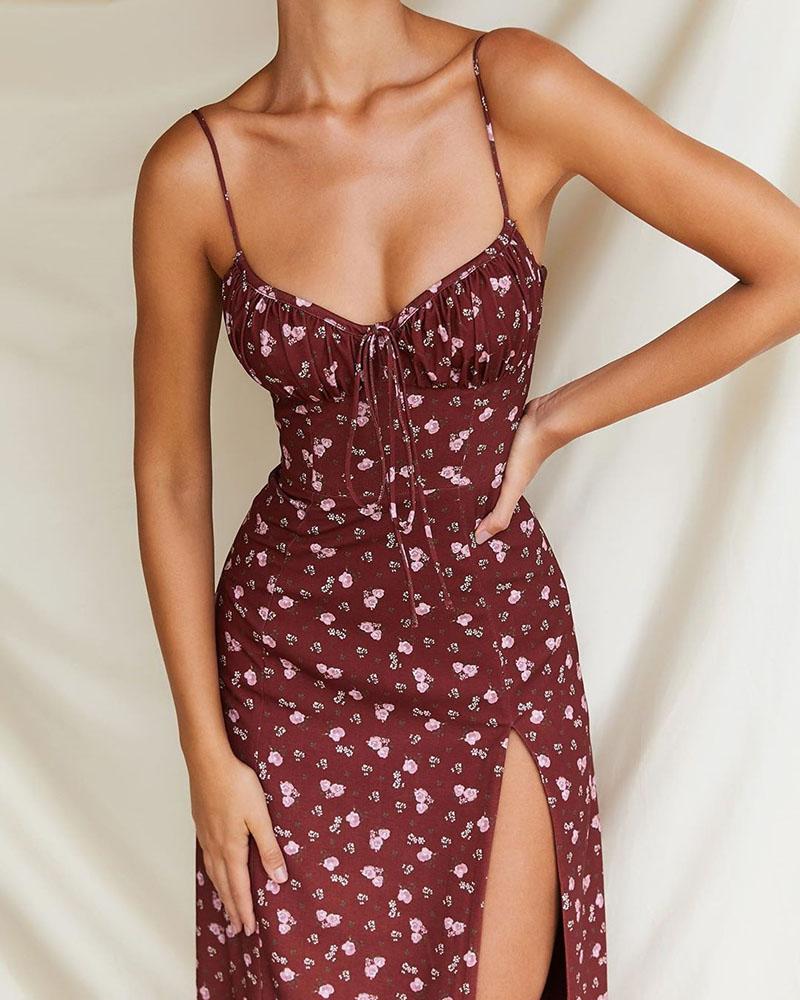 Floral Print High Slit Tie Detail Dress - Image 4