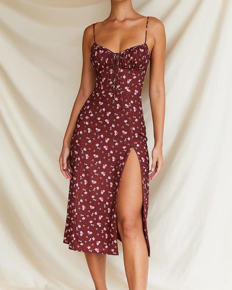 Floral Print High Slit Tie Detail Dress - Image 3
