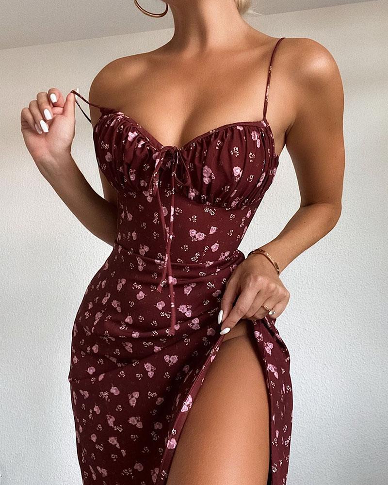 Floral Print High Slit Tie Detail Dress