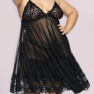 Plus Size Sheer Mesh Lace Bowknot Decor Babydoll